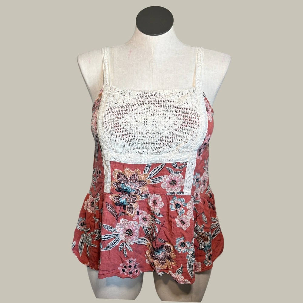 Maurices Womens Peplum Cami Large Rust Red Floral Crochet Lace Boho Top